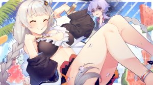 VOICEROID,結月ゆかり,紲星あかり,琴葉茜,琴葉葵,裸足,水着,青发,脸红,三股辫,露胸,发饰,连帽衫,冰淇淋,长发,開いた口,粉发,紫色眼,紫发,缎带,しりんだーふれいる,银发,笑顔,泳装,结发,超长发