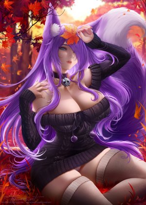 原创,javier_estrada,长发,single,長身像,视线正对,露胸,碧眼,露肩,巨乳,坐姿,holding,紫发,兽耳