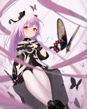 潤羽るしあ,Hololive,dai891111,脸红,蝴蝶,项圈,连衣裙,哥特式洛丽塔,萝裙,长发,视线正对,開いた口,黑丝,粉发,红色眼,single,Vtuber,白丝