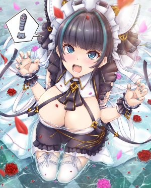 碧蓝航线,チェシャー,兽耳,前发,露肩,黑发,脸红,露胸,cleavage,巨乳,lingerie,视线正对,開いた口,花瓣,rose,短发,坐姿,笑顔,single,黑丝,白丝