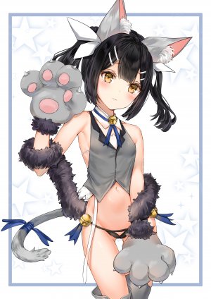 美游,魔法少女☆伊莉雅,Fate系列,yukineko1018,兽耳,前发,露肩,黑发,脸红,露胸,棕色眼,猫耳,猫尾,羽毛,手套,发饰,长发,视线正对,露脐,胖次,貧乳,下着,白背景