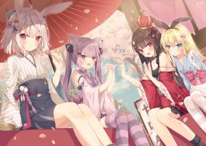 hoshi,原创,兽耳,金发,茶发,兔耳,猫娘,和服,长发,花瓣,粉发,红色眼,短发,黑丝,双马尾,雨伞,signed