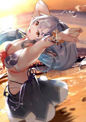 Fate/GrandOrder,Fate系列,vegetablenabe,海滩,水着,脸红,露胸,长发,视线正对,回头看,横乳,银发,笑顔,single,闪亮,泳装,超长发