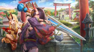 源頼光,坂田金時,酒呑童子,Fate/GrandOrder,Fate系列,b.c.n.y.,前发,露肩,金发,脸红,露胸,和服,长发,长袖,视线正对,オビ,邪鬼,紫色眼,紫发,短发,貧乳,笑顔,剑,weapon,黄色眼