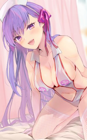 Fate/GrandOrder,Fate系列,tomozero,前发,露肩,脸红,露胸,cleavage,巨乳,长发,视线正对,開いた口,紫色眼,紫发,缎带,笑顔,single,泳装,黑丝,超长发,白丝