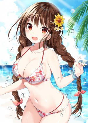 原创,yon,露肩,海滩,水着,三股辫,露胸,茶发,cleavage,发饰,巨乳,长发,视线正对,露脐,開いた口,红色眼,缎带,天空,笑顔,single,闪亮,泳装,双马尾