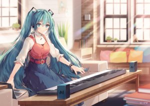 VOCALOID,初音ミク,necömi,长发,single,脸红,视线正对,前发,笑顔,坐姿,少女,短裙