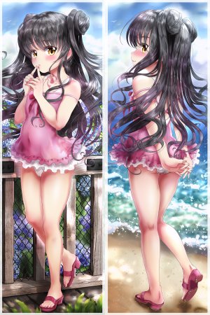 殺生院キアラ,殺生院リリィ,Fate/GrandOrder,Fate系列,chunyan,前发,露肩,海滩,黑发,脸红,露胸,双团子头,全身,长发,视线正对,回头看,粉发,天空,貧乳,泳装,tattoo,黄色眼