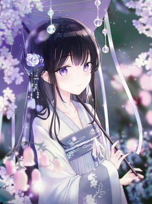 原创,iren_lovel,长发,single,長身像,黑发,紫色眼,传统服装,汉服,少女,发饰,雨伞