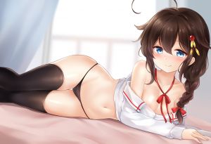 nikoo,时雨,艦隊これくしょん,拟人,脸红,露胸,茶发,长发,露脐,No-Bra,胖次,马尾辫,黑丝,下着,waifu2x