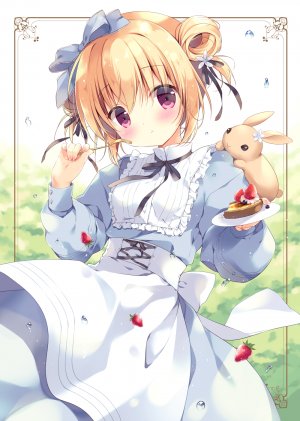 原创,宮坂みゆ,动物,围裙,脸红,露胸,兔子,连衣裙,发饰,holding,长袖,视线正对,缎带,貧乳,single,草莓