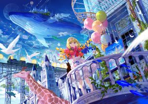 藤ちょこ,原创,动物,金发,灯笼裤,蝴蝶,连衣裙,ぺんぎん?,缎带,短发,天空
