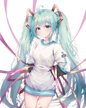 初音ミク,VOCALOID,呆毛,前发,碧眼,脸红,露胸,绿发,发饰,长发,长袖,视线正对,缎带,衬衫,貧乳,single,双马尾