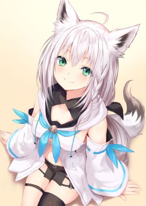 Vtuber,Hololive,白上フブキ,suke,长发,single,長身像,脸红,视线正对,露胸,前发,坐姿,绿色眼,兽耳,银发,呆毛
