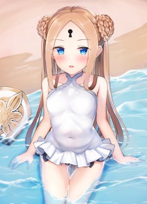 阿比盖尔·威廉姆斯,アビゲイル・ウィリアムズ,Fate/GrandOrder,Fate系列,benedia,前发,露肩,金发,碧眼,脸红,三股辫,露胸,双团子头,长发,视线正对,開いた口,貧乳,笑顔,泳装,双马尾,超长发