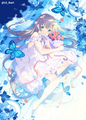 原创,ikari,single,長身像,脸红,金发,signed,全身,超长发,裸足,少女,连衣裙