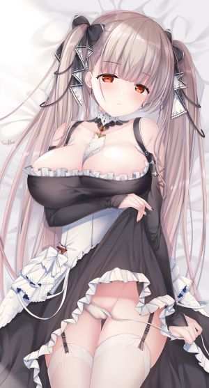 formidable,碧蓝航线,Sousouman,前发,露肩,脸红,露胸,cleavage,连衣裙,フォーミダブル,巨乳,长发,长袖,视线正对,横臥,胖次,panty_pull,红色眼,缎带,single,黑丝,双马尾,下着,白丝
