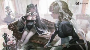 碧蓝航线,ベルファスト,フォーミダブル,sheffield,ベルちゃん,reoen,长发,短发,前发,露胸,金发,红色眼,双马尾,巨乳,坐姿