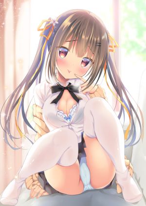 原创,しばいぬ_にき,前发,脸红,bra,露胸,茶发,cleavage,发饰,长发,长袖,视线正对,胖次,红色眼,缎带,学校制服,衬衫,短裙,笑顔,single,黑丝,双马尾,下着,白丝