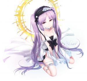Fate系列,fate/grand_order,Fate/HollowAtaraxia,Euryale,千羽茸みな,single,视线正对,前发,红色眼,笑顔,白背景,双马尾,露肩,坐姿,紫发